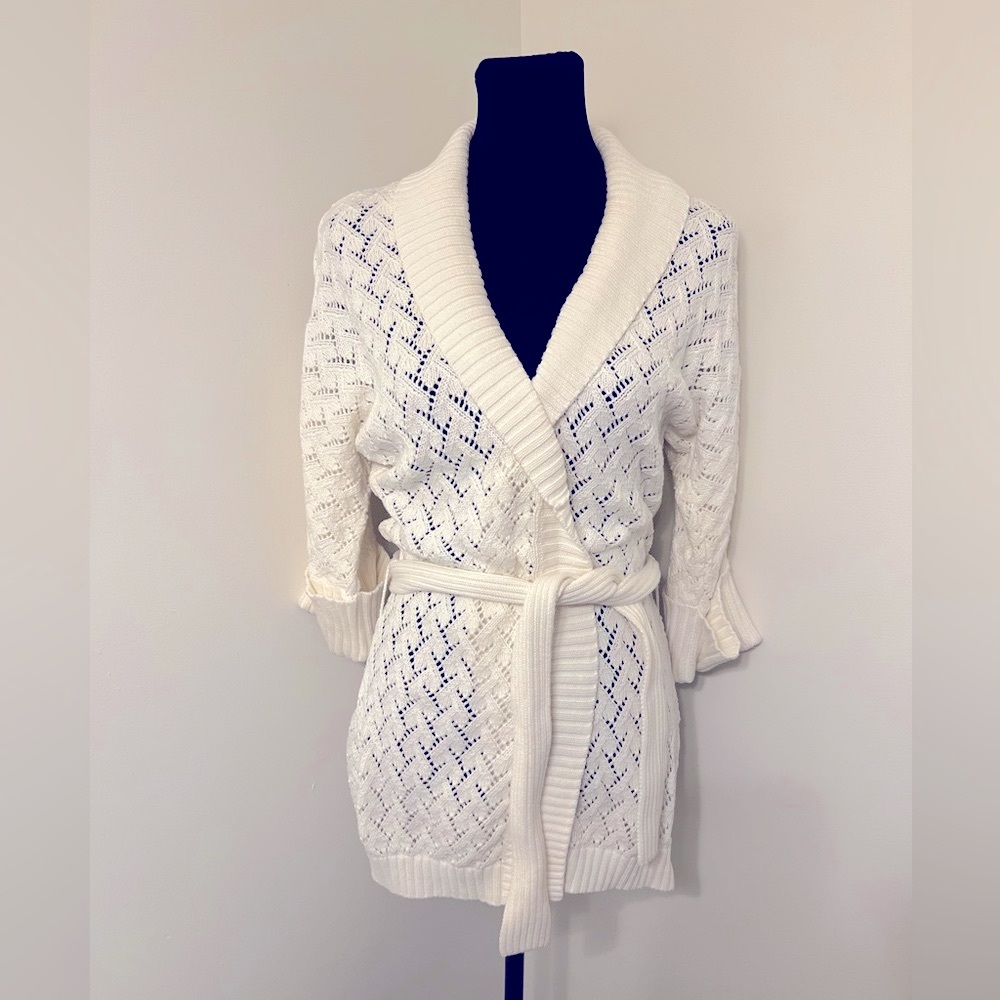 Diane Von Furstenberg white knit pointelle wrap sweater. Size M. Worn once.